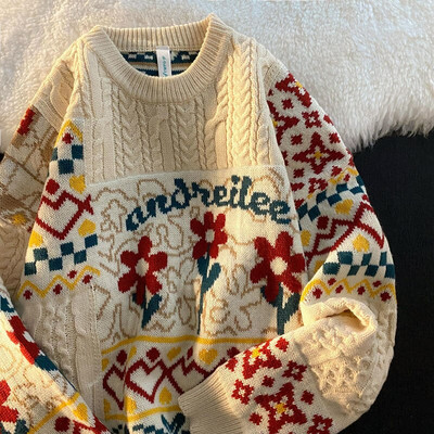 Χοντρό πλεκτό πουλόβερ Γυναικεία μακρυμάνικα λουλούδια τύπωμα πουλόβερ Χαλαρά Ζεστά πουλόβερ με λαιμόκοψη 2022 Γυναικεία ζεστή casual μπλούζα Y2K