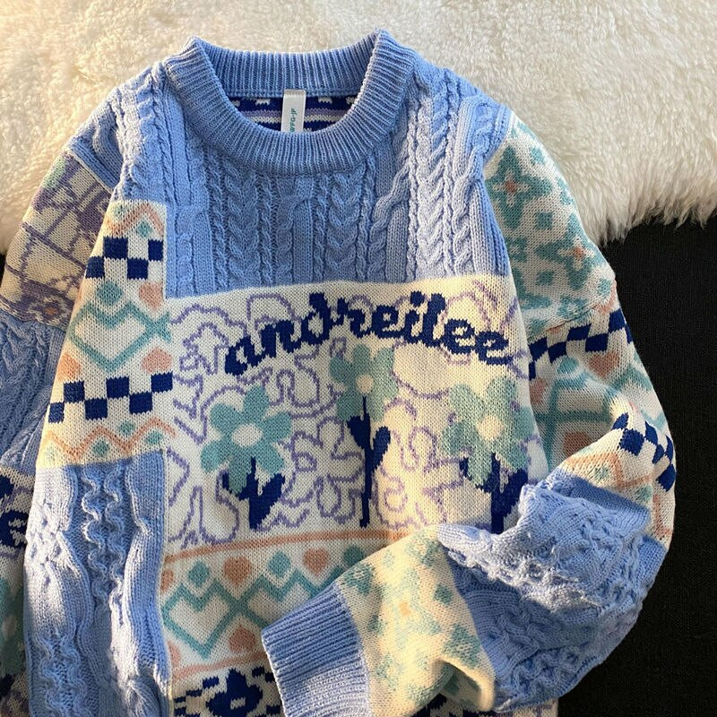 Χοντρό πλεκτό πουλόβερ Γυναικεία μακρυμάνικα λουλούδια τύπωμα πουλόβερ Χαλαρά Ζεστά πουλόβερ με λαιμόκοψη 2022 Γυναικεία ζεστή casual μπλούζα Y2K