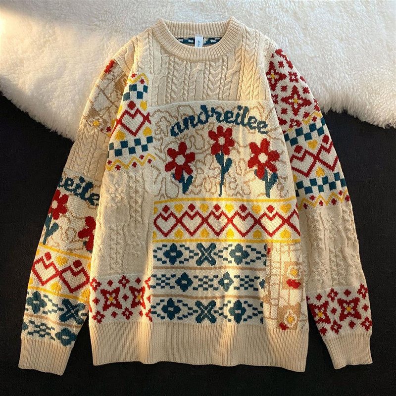 Χοντρό πλεκτό πουλόβερ Γυναικεία μακρυμάνικα λουλούδια τύπωμα πουλόβερ Χαλαρά Ζεστά πουλόβερ με λαιμόκοψη 2022 Γυναικεία ζεστή casual μπλούζα Y2K