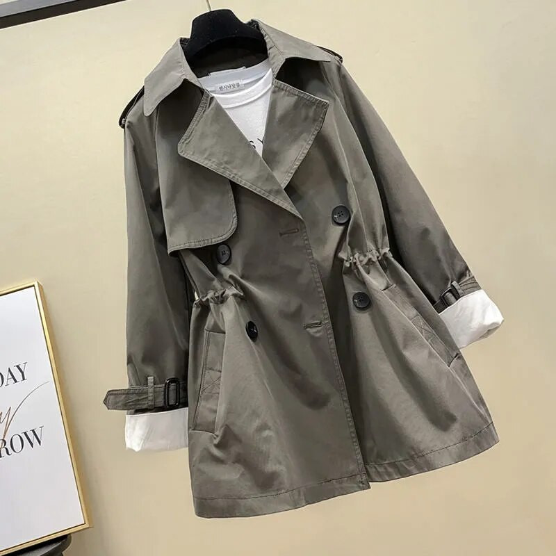 Ženski trenč kaput na dvostruko kopčanje s podstavom 2022, novi, proljeće-jesen, ležerni kaput, korejska gornja odjeća vjetrovka na vezanje do struka