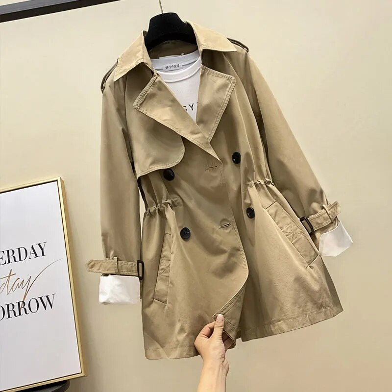 Ženski trenč kaput na dvostruko kopčanje s podstavom 2022, novi, proljeće-jesen, ležerni kaput, korejska gornja odjeća vjetrovka na vezanje do struka