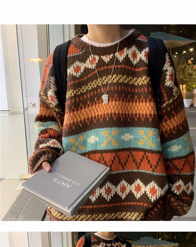 Dzeltens ģeometrisks žakarda vintage trikotāžas džemperis Sieviešu džemperis ar lielu kakla izgriezumu korejiešu topi Harajuku sieviešu rudens ziemas džemperi