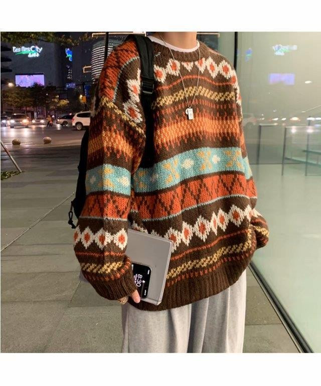 Dzeltens ģeometrisks žakarda vintage trikotāžas džemperis Sieviešu džemperis ar lielu kakla izgriezumu korejiešu topi Harajuku sieviešu rudens ziemas džemperi