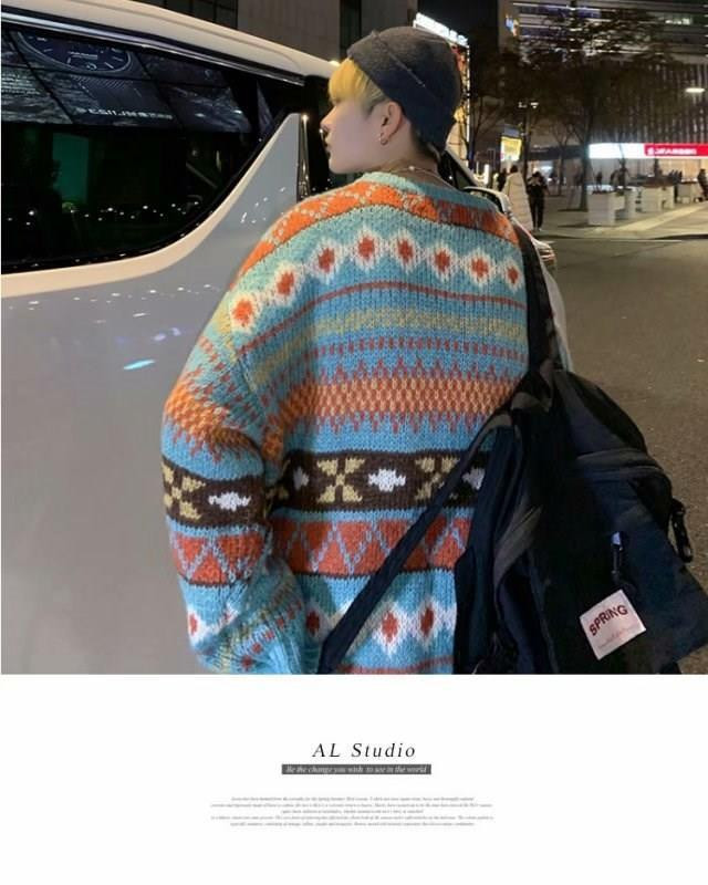 Dzeltens ģeometrisks žakarda vintage trikotāžas džemperis Sieviešu džemperis ar lielu kakla izgriezumu korejiešu topi Harajuku sieviešu rudens ziemas džemperi