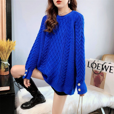 Vintage lielizmēra trikotāžas sieviešu džemperis ziema rudens silts vienkrāsains džemperis džemperis O veida kakla izgriezumā, gari biezi brīvi džemperi sievietēm