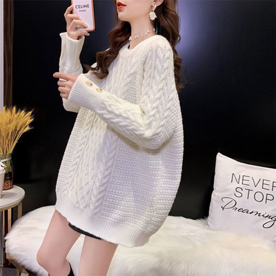 Vintage lielizmēra trikotāžas sieviešu džemperis ziema rudens silts vienkrāsains džemperis džemperis O veida kakla izgriezumā, gari biezi brīvi džemperi sievietēm