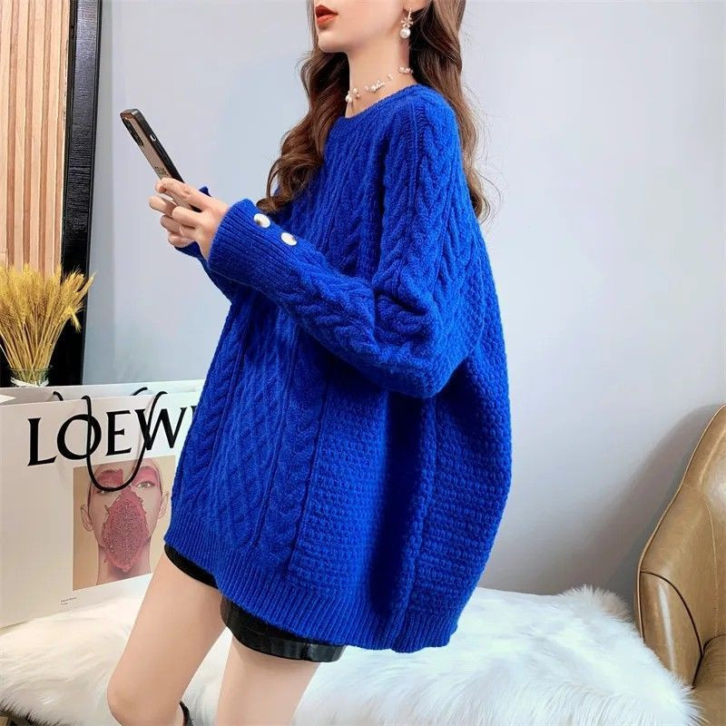 Vintage lielizmēra trikotāžas sieviešu džemperis ziema rudens silts vienkrāsains džemperis džemperis O veida kakla izgriezumā, gari biezi brīvi džemperi sievietēm