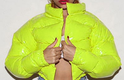 Μόδα Χαριτωμένα Γυναικεία Φωτεινό PU Ροζ Πουφερ Μπουφάν Χειμερινό Ζεστά Παλτό Φούσκα Γυαλιστερά δερμάτινα πάρκα με φερμουάρ Cropped Μπουφάν Πάρκα