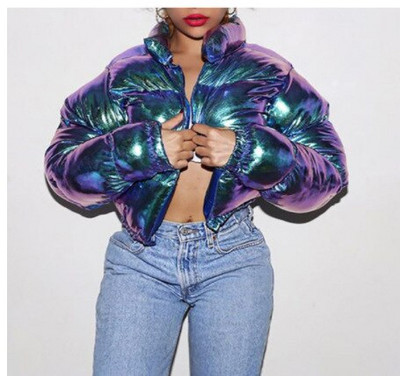 Μόδα Χαριτωμένα Γυναικεία Φωτεινό PU Ροζ Πουφερ Μπουφάν Χειμερινό Ζεστά Παλτό Φούσκα Γυαλιστερά δερμάτινα πάρκα με φερμουάρ Cropped Μπουφάν Πάρκα