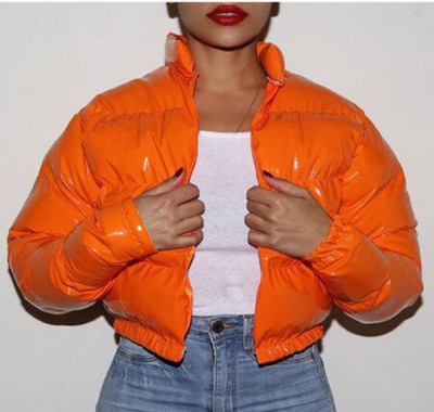 Μόδα Χαριτωμένα Γυναικεία Φωτεινό PU Ροζ Πουφερ Μπουφάν Χειμερινό Ζεστά Παλτό Φούσκα Γυαλιστερά δερμάτινα πάρκα με φερμουάρ Cropped Μπουφάν Πάρκα