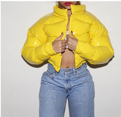 Μόδα Χαριτωμένα Γυναικεία Φωτεινό PU Ροζ Πουφερ Μπουφάν Χειμερινό Ζεστά Παλτό Φούσκα Γυαλιστερά δερμάτινα πάρκα με φερμουάρ Cropped Μπουφάν Πάρκα