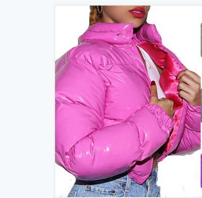 Μόδα Χαριτωμένα Γυναικεία Φωτεινό PU Ροζ Πουφερ Μπουφάν Χειμερινό Ζεστά Παλτό Φούσκα Γυαλιστερά δερμάτινα πάρκα με φερμουάρ Cropped Μπουφάν Πάρκα