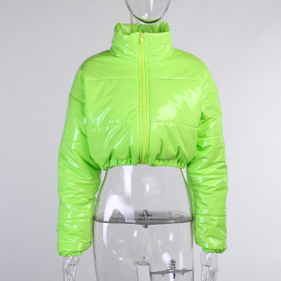 Μόδα Χαριτωμένα Γυναικεία Φωτεινό PU Ροζ Πουφερ Μπουφάν Χειμερινό Ζεστά Παλτό Φούσκα Γυαλιστερά δερμάτινα πάρκα με φερμουάρ Cropped Μπουφάν Πάρκα