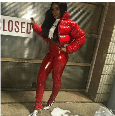 Μόδα Χαριτωμένα Γυναικεία Φωτεινό PU Ροζ Πουφερ Μπουφάν Χειμερινό Ζεστά Παλτό Φούσκα Γυαλιστερά δερμάτινα πάρκα με φερμουάρ Cropped Μπουφάν Πάρκα