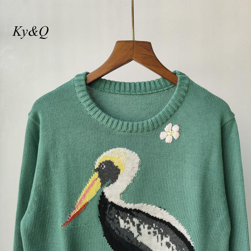 2022. gada rudens jauns, izšūts Animal Bird žakarda trikotāžas sieviešu tops Elegantais O veida kakla izgriezuma vilnas džemperis ar garām piedurknēm