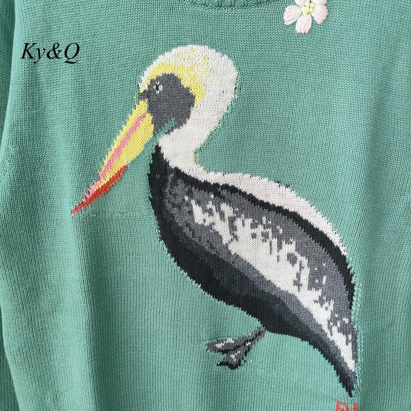 2022. gada rudens jauns, izšūts Animal Bird žakarda trikotāžas sieviešu tops Elegantais O veida kakla izgriezuma vilnas džemperis ar garām piedurknēm