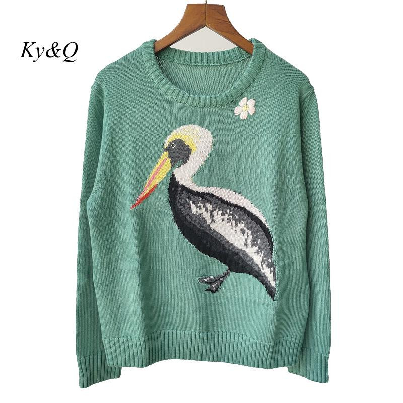 2022. gada rudens jauns, izšūts Animal Bird žakarda trikotāžas sieviešu tops Elegantais O veida kakla izgriezuma vilnas džemperis ar garām piedurknēm