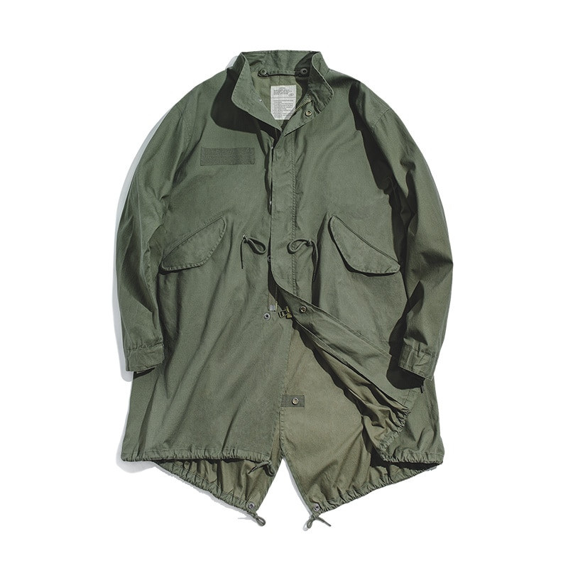Ανδρικό Vintage M51 Fishtail Army Green και Camel παλτό με υφαντό σχοινί μέση, χαλαρό στρατιωτικό παλτό στο μεσαίο μήκος