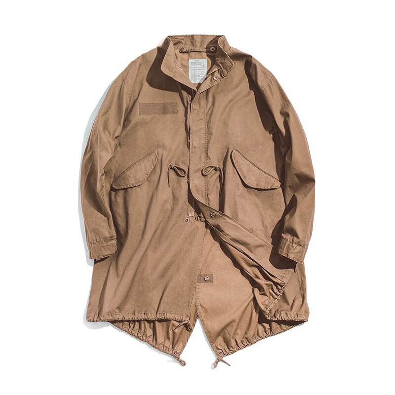 Ανδρικό Vintage M51 Fishtail Army Green και Camel παλτό με υφαντό σχοινί μέση, χαλαρό στρατιωτικό παλτό στο μεσαίο μήκος