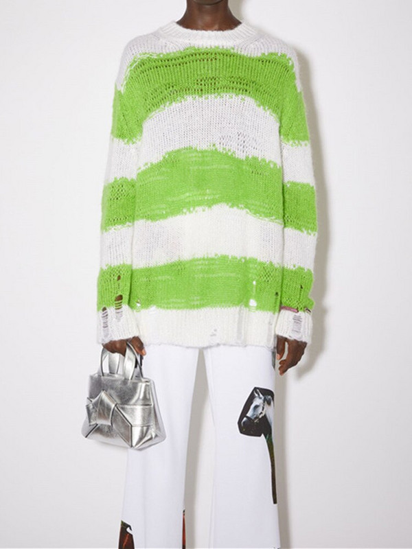 Brīvi cauruļu svītru džemperis Sieviešu vilnas mohēras maisījumi sievietēm ar garām piedurknēm trikotāžas džemperis O veida kakla džemperis, 2022. gada agrs rudens