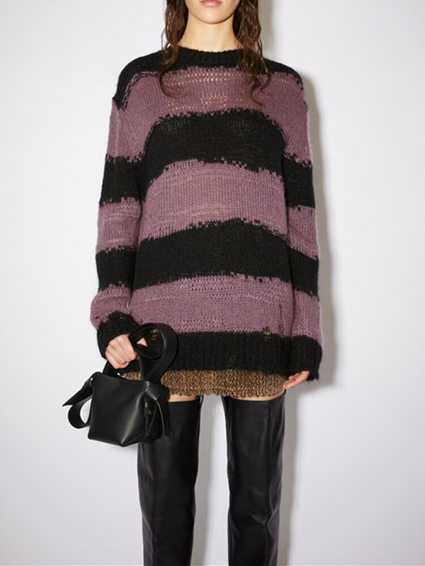 Brīvi cauruļu svītru džemperis Sieviešu vilnas mohēras maisījumi sievietēm ar garām piedurknēm trikotāžas džemperis O veida kakla džemperis, 2022. gada agrs rudens