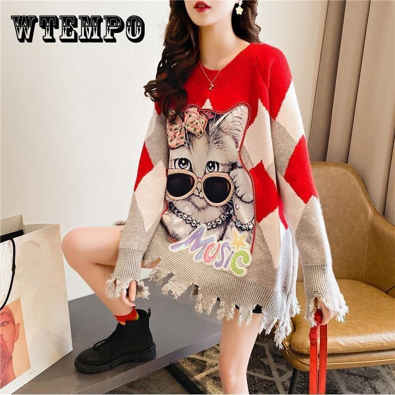 Φόρεμα πουλόβερ με φούντα με στάμπα κινουμένων σχεδίων για γυναικεία χαλαρά casual φθινοπωρινά και χειμερινά πουλόβερ χονδρικής