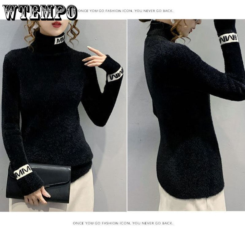 Ženski pulover s dolčevitom Letter Design Jesen/Zima, uski kroj, uski pulover od imitacije nerca, pleteni pulover s dugim rukavima