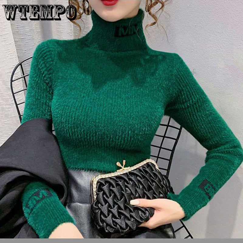 Ženski pulover s dolčevitom Letter Design Jesen/Zima, uski kroj, uski pulover od imitacije nerca, pleteni pulover s dugim rukavima