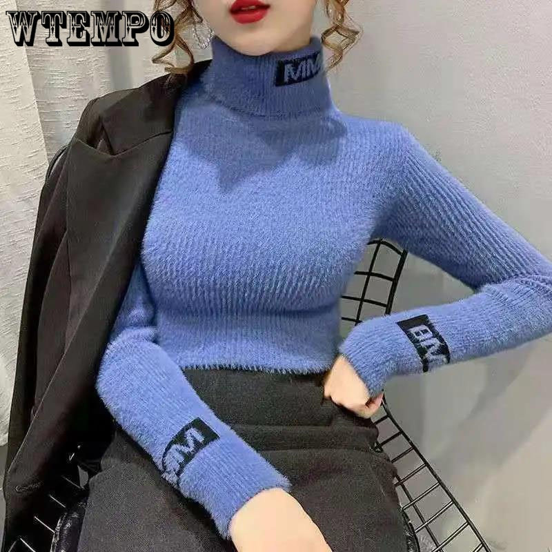 Ženski pulover s dolčevitom Letter Design Jesen/Zima, uski kroj, uski pulover od imitacije nerca, pleteni pulover s dugim rukavima