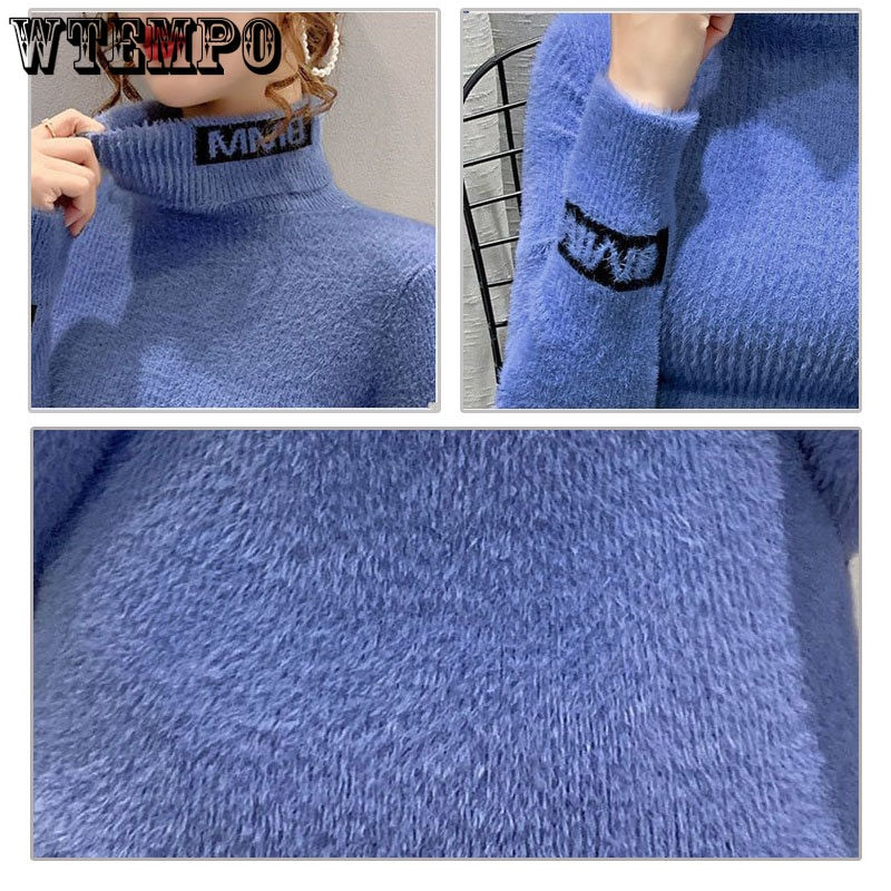 Ženski pulover s dolčevitom Letter Design Jesen/Zima, uski kroj, uski pulover od imitacije nerca, pleteni pulover s dugim rukavima