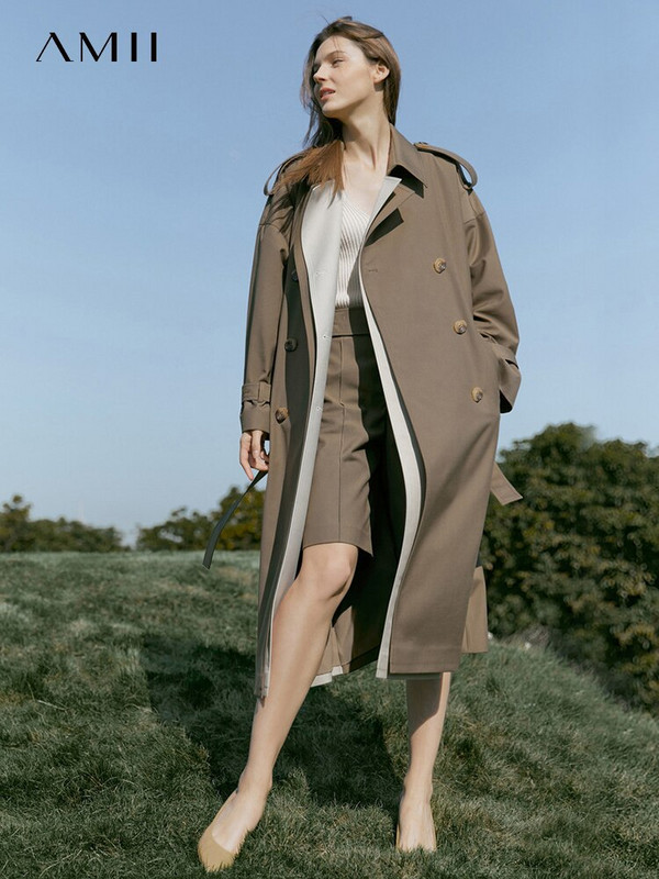 Amii Minimalistički jesenski modni trenčevi za žene Patchwork dvoredno kopčanje s remenom Gornja odjeća u engleskom stilu Trenč kaput 12270055