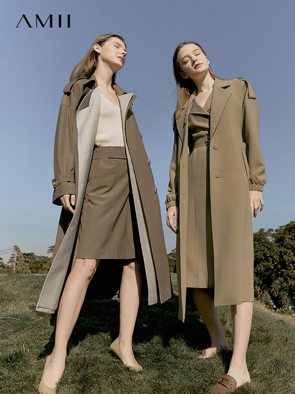 Amii Minimalistički jesenski modni trenčevi za žene Patchwork dvoredno kopčanje s remenom Gornja odjeća u engleskom stilu Trenč kaput 12270055