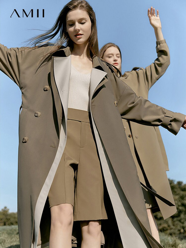 Amii Minimalistički jesenski modni trenčevi za žene Patchwork dvoredno kopčanje s remenom Gornja odjeća u engleskom stilu Trenč kaput 12270055