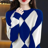 Πουλόβερ Γυναικεία φθινοπωρινή και χειμερινή στρογγυλή λαιμόκοψη ρετρό διαμάντι ζακάρ αντίθεσης πλεκτό μακρυμάνικο χαλαρό λεπτό υπόστρωμα