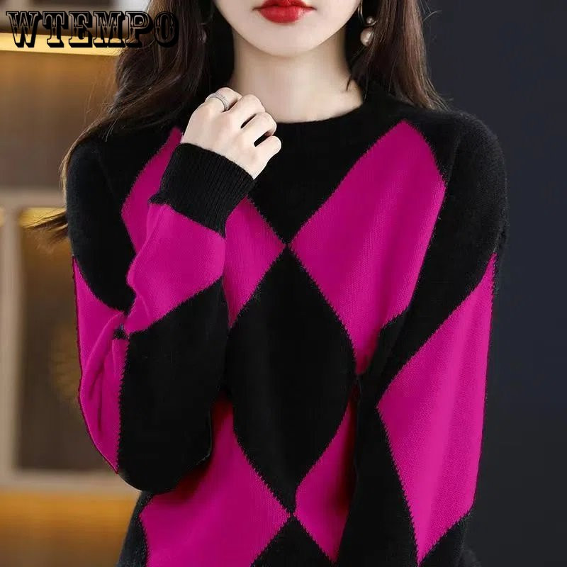 Πουλόβερ Γυναικεία φθινοπωρινή και χειμερινή στρογγυλή λαιμόκοψη ρετρό διαμάντι ζακάρ αντίθεσης πλεκτό μακρυμάνικο χαλαρό λεπτό υπόστρωμα