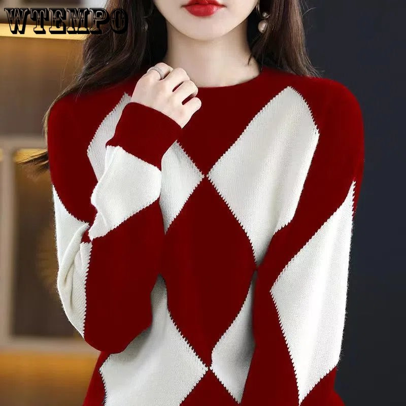 Πουλόβερ Γυναικεία φθινοπωρινή και χειμερινή στρογγυλή λαιμόκοψη ρετρό διαμάντι ζακάρ αντίθεσης πλεκτό μακρυμάνικο χαλαρό λεπτό υπόστρωμα