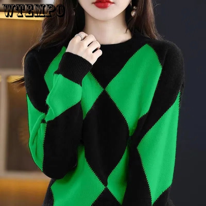 Πουλόβερ Γυναικεία φθινοπωρινή και χειμερινή στρογγυλή λαιμόκοψη ρετρό διαμάντι ζακάρ αντίθεσης πλεκτό μακρυμάνικο χαλαρό λεπτό υπόστρωμα