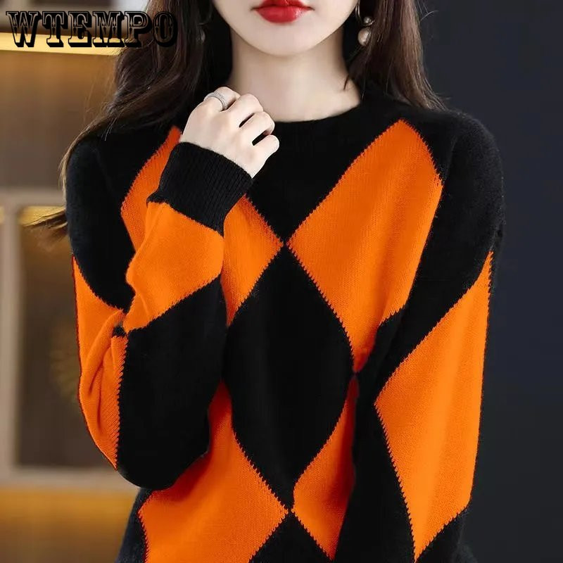 Πουλόβερ Γυναικεία φθινοπωρινή και χειμερινή στρογγυλή λαιμόκοψη ρετρό διαμάντι ζακάρ αντίθεσης πλεκτό μακρυμάνικο χαλαρό λεπτό υπόστρωμα