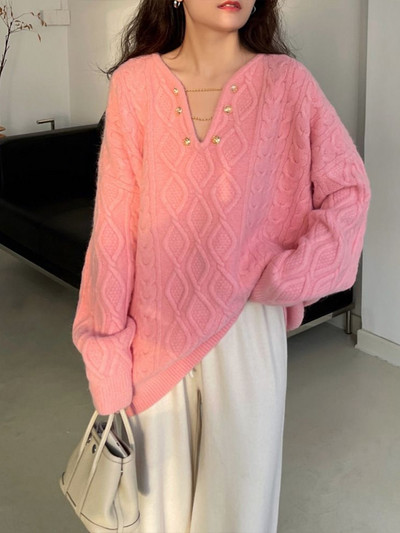 Πλεκτά πουλόβερ με λαιμόκοψη σε σχήμα V Γυναικεία φθινοπωρινά χειμωνιάτικα πουλόβερ κορεατικής μόδας Υπερμεγέθη casual χαλαρά απλές μπλούζες Lazy Jumper Γυναικεία