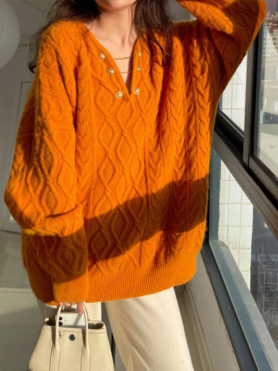 Πλεκτά πουλόβερ με λαιμόκοψη σε σχήμα V Γυναικεία φθινοπωρινά χειμωνιάτικα πουλόβερ κορεατικής μόδας Υπερμεγέθη casual χαλαρά απλές μπλούζες Lazy Jumper Γυναικεία