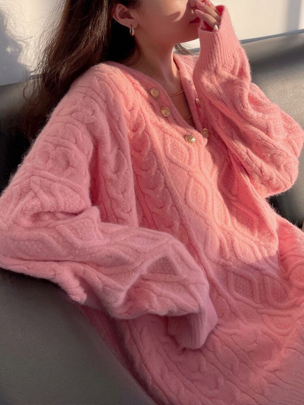 Πλεκτά πουλόβερ με λαιμόκοψη σε σχήμα V Γυναικεία φθινοπωρινά χειμωνιάτικα πουλόβερ κορεατικής μόδας Υπερμεγέθη casual χαλαρά απλές μπλούζες Lazy Jumper Γυναικεία