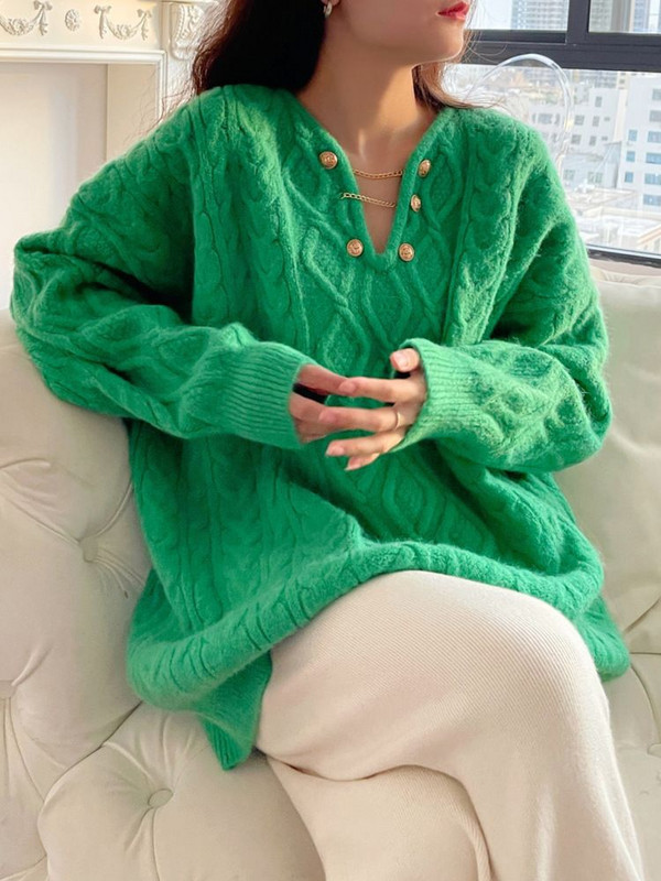 Πλεκτά πουλόβερ με λαιμόκοψη σε σχήμα V Γυναικεία φθινοπωρινά χειμωνιάτικα πουλόβερ κορεατικής μόδας Υπερμεγέθη casual χαλαρά απλές μπλούζες Lazy Jumper Γυναικεία