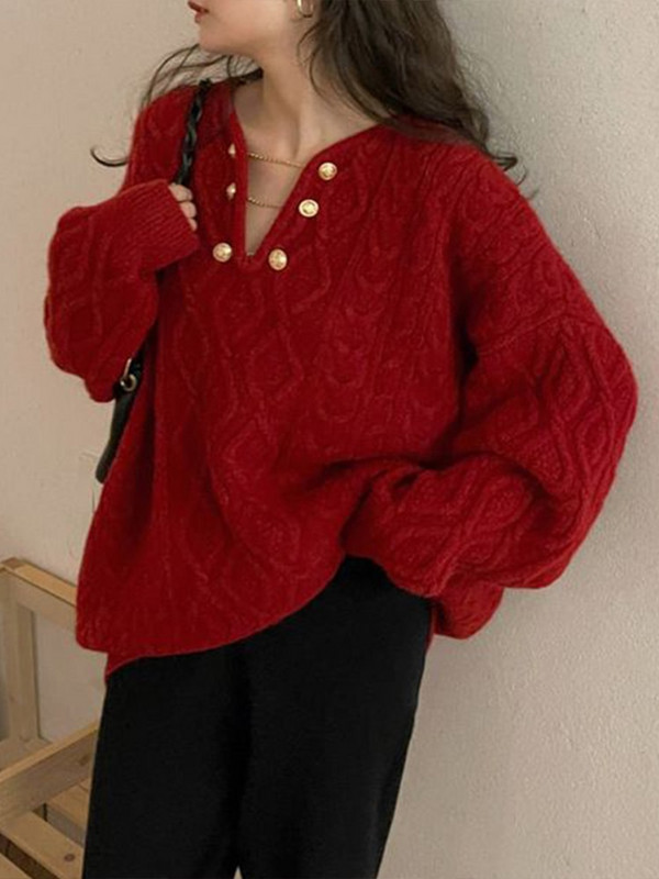 Πλεκτά πουλόβερ με λαιμόκοψη σε σχήμα V Γυναικεία φθινοπωρινά χειμωνιάτικα πουλόβερ κορεατικής μόδας Υπερμεγέθη casual χαλαρά απλές μπλούζες Lazy Jumper Γυναικεία