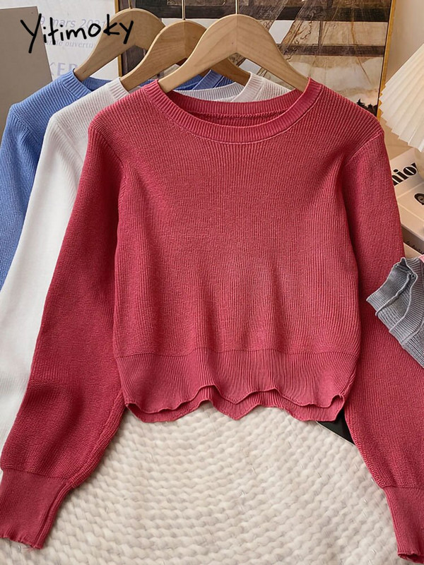 Yitimoky κόκκινο πλεκτό πουλόβερ γυναικείο πουλόβερ με μακρυμάνικο κορυφαία κορεάτικη μόδα Y2k Ρούχα Φθινόπωρο Χειμώνας 2022 Vintage O-Neck