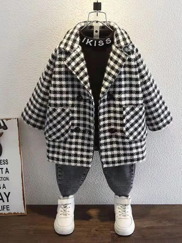 Zēni Britu vienkrāsains meiteņu vilnas mētelis bērnu rūtains mētelis korejiešu biezs mazuļu zēns rudens ziemas vilnas jaka 2-9 gadi