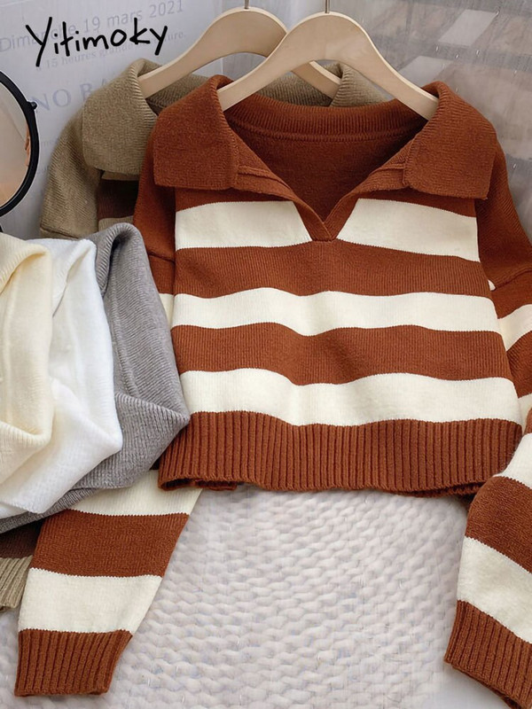 Yitimoky veliki pulover sa spojenim prugama Ženski džemper vintage pleteni modni kratki rukavi jesen zima 2022.