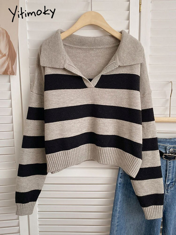 Yitimoky veliki pulover sa spojenim prugama Ženski džemper vintage pleteni modni kratki rukavi jesen zima 2022.