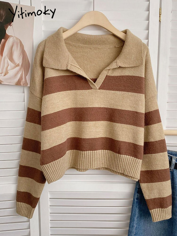 Yitimoky veliki pulover sa spojenim prugama Ženski džemper vintage pleteni modni kratki rukavi jesen zima 2022.