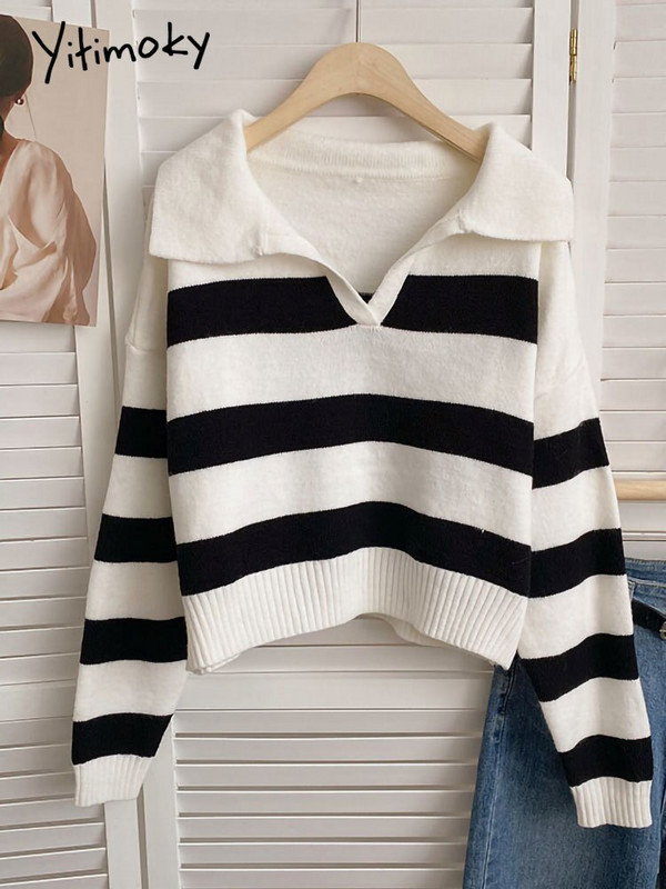 Yitimoky veliki pulover sa spojenim prugama Ženski džemper vintage pleteni modni kratki rukavi jesen zima 2022.