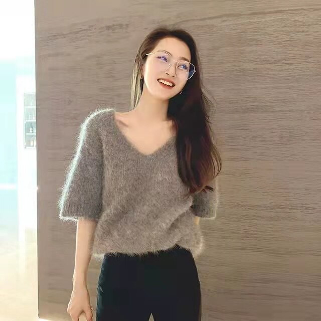 Νέο Φθινόπωρο 2022 Ltalian εισαγόμενο κοντομάνικο φαρδύ λαιμό V λαιμό και αφράτο μαλακό μινκ κασμίρ πουλόβερ σε χαλαρό στυλ JZ013